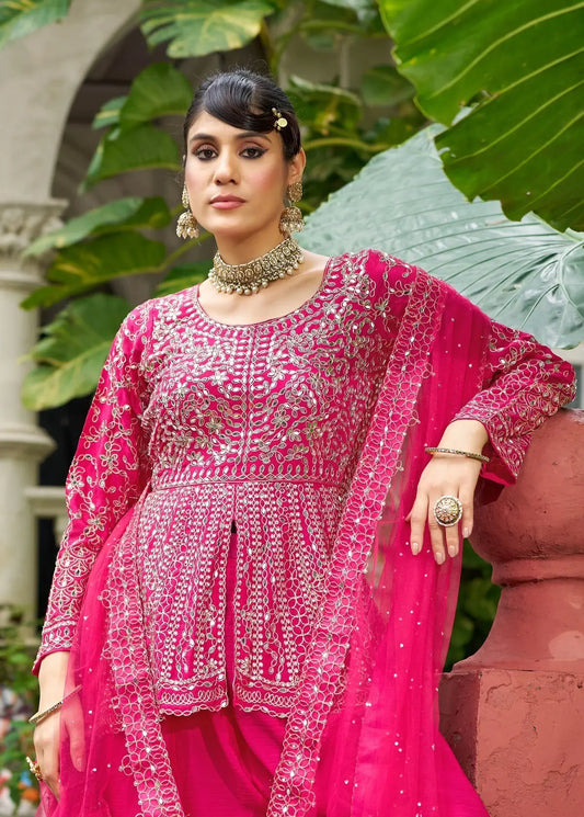 Deep Pink Chinon Mirror Work Salwar Suit