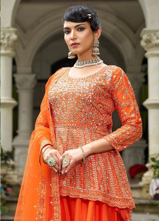 Bright Orange Chinon Mirror Work Salwar Suit
