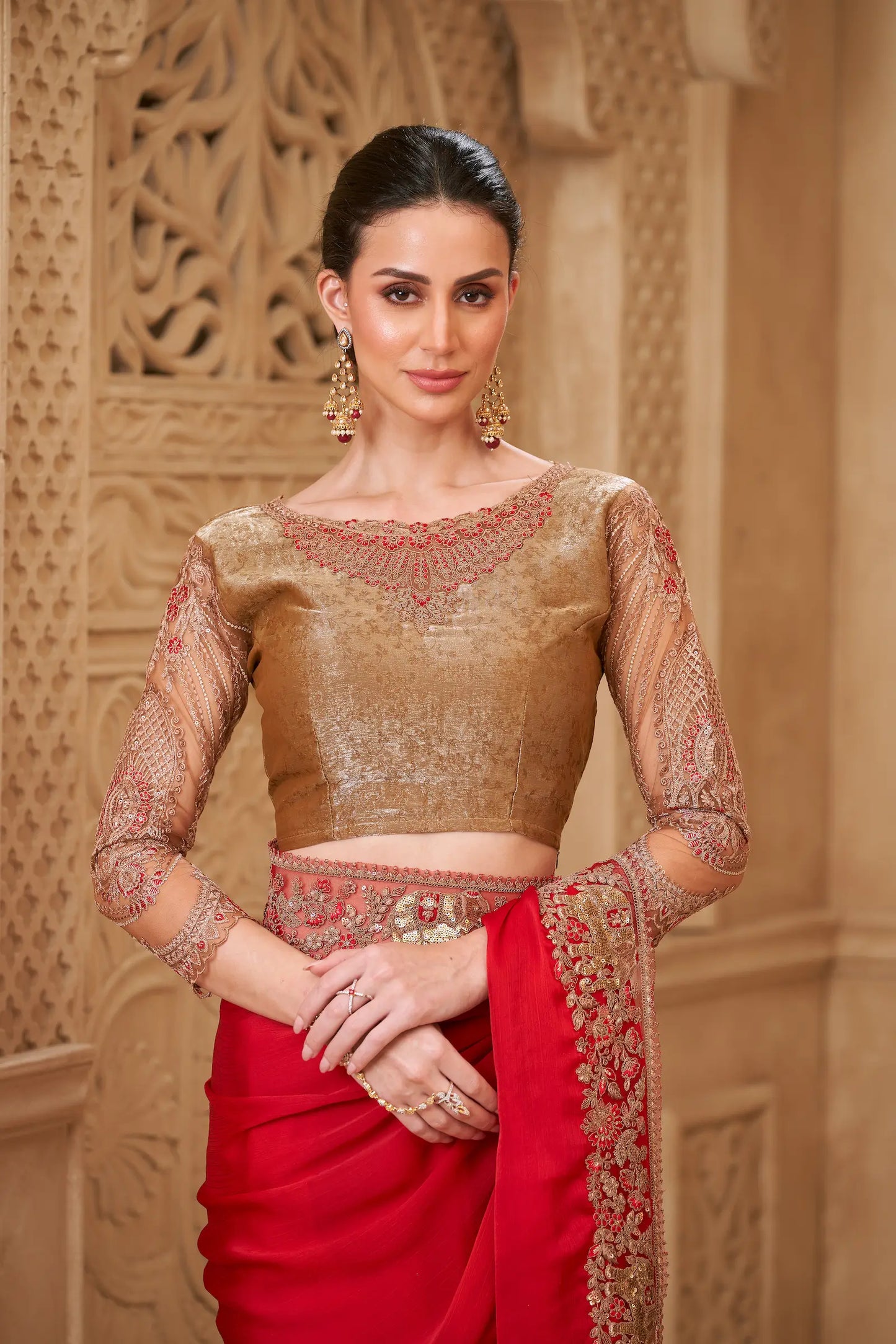 Blooming Red Satin Silk Embroidery Party Wear Saree