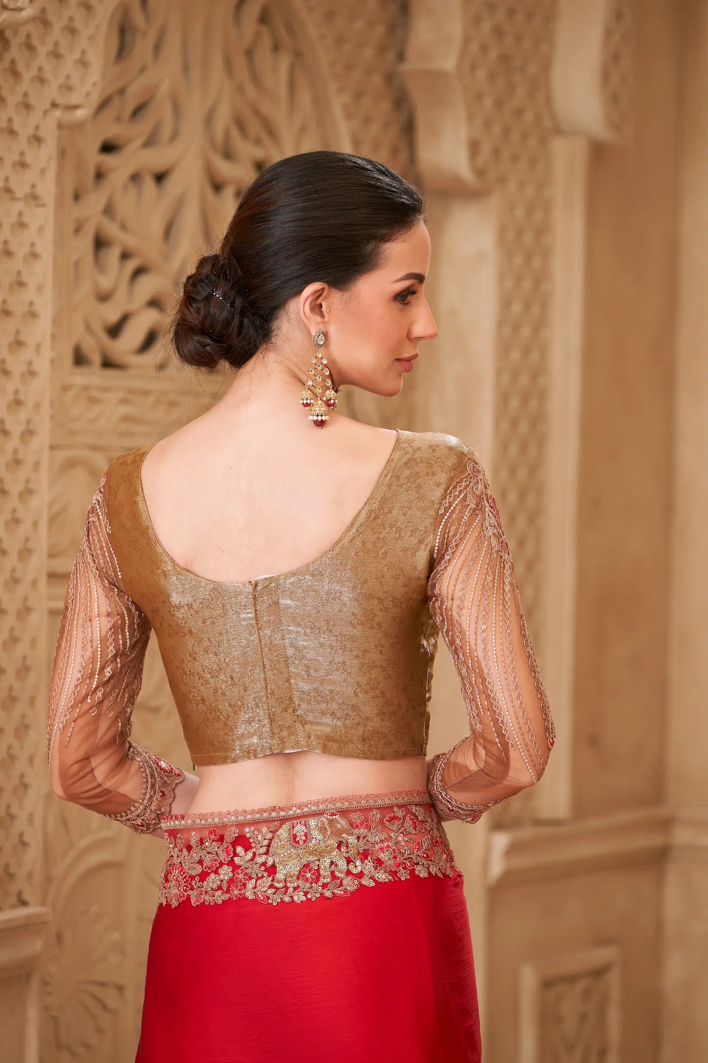 Blooming Red Satin Silk Embroidery Party Wear Saree