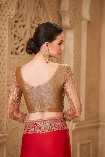 Blooming Red Satin Silk Embroidery Party Wear Saree