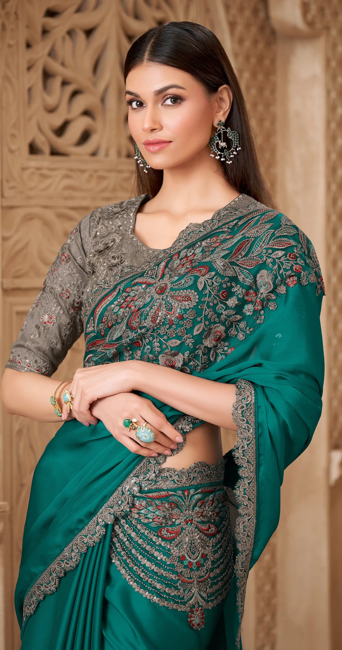 Teal Blue Satin Silk Embroidery Party Wear Saree