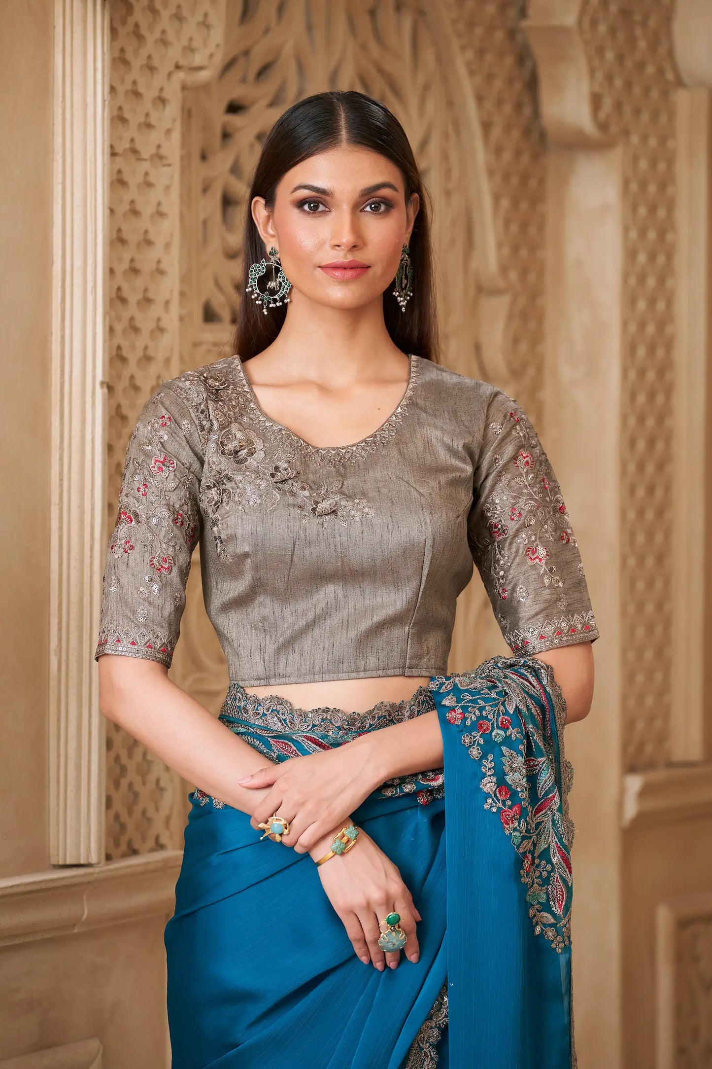 Teal Blue Satin Silk Embroidery Party Wear Saree