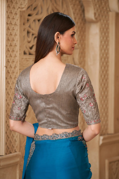 Teal Blue Satin Silk Embroidery Party Wear Saree