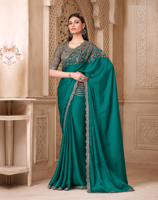 Teal Blue Satin Silk Embroidery Party Wear Saree