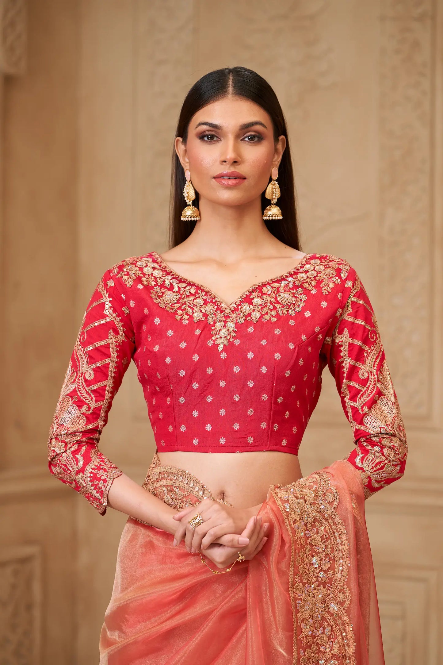 Peach Sparkle Georgette Embroidery Party Wear Saree