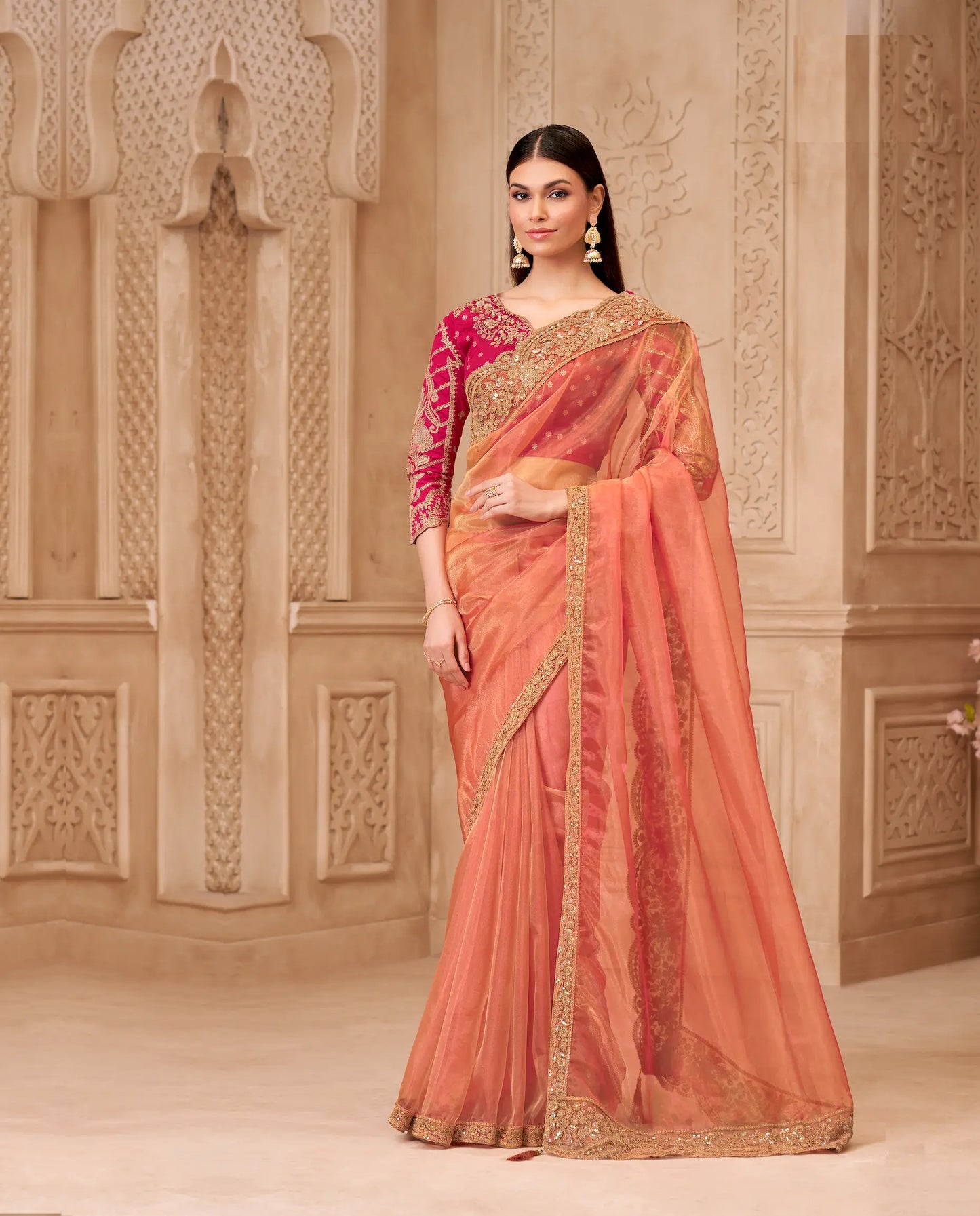 Peach Sparkle Georgette Embroidery Party Wear Saree