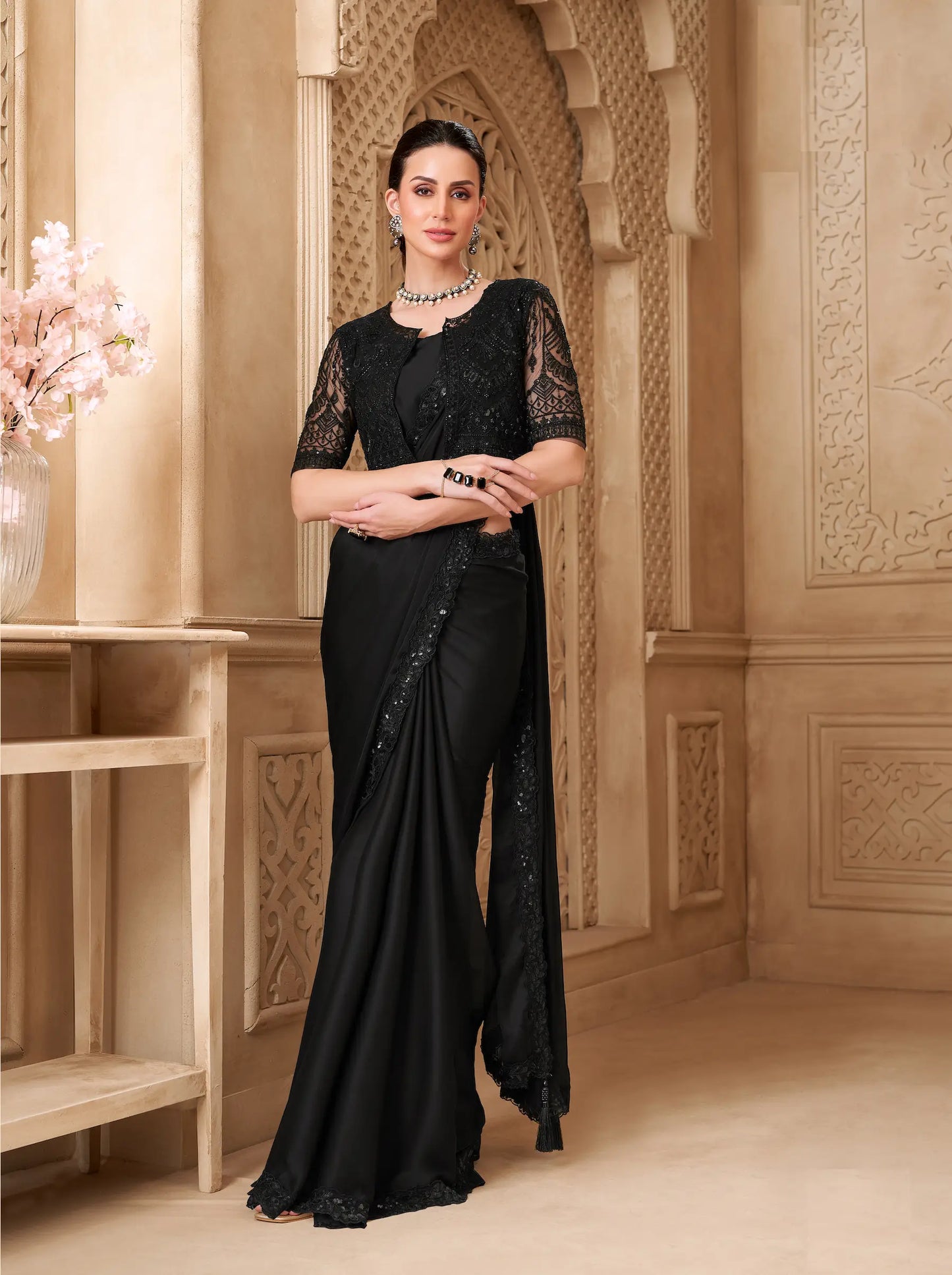 Black Satin Georgette Embroidery Party Wear Jacket Saree