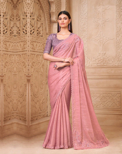 Salmon Pink Crush Georgette Embroidery Party Wear Saree