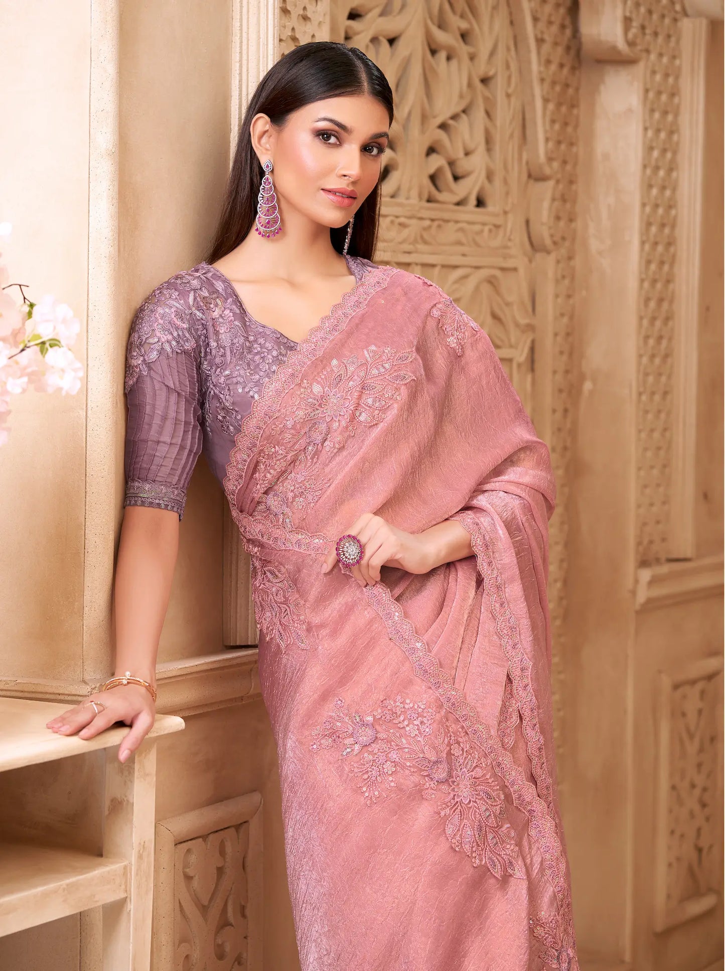 Salmon Pink Crush Georgette Embroidery Party Wear Saree
