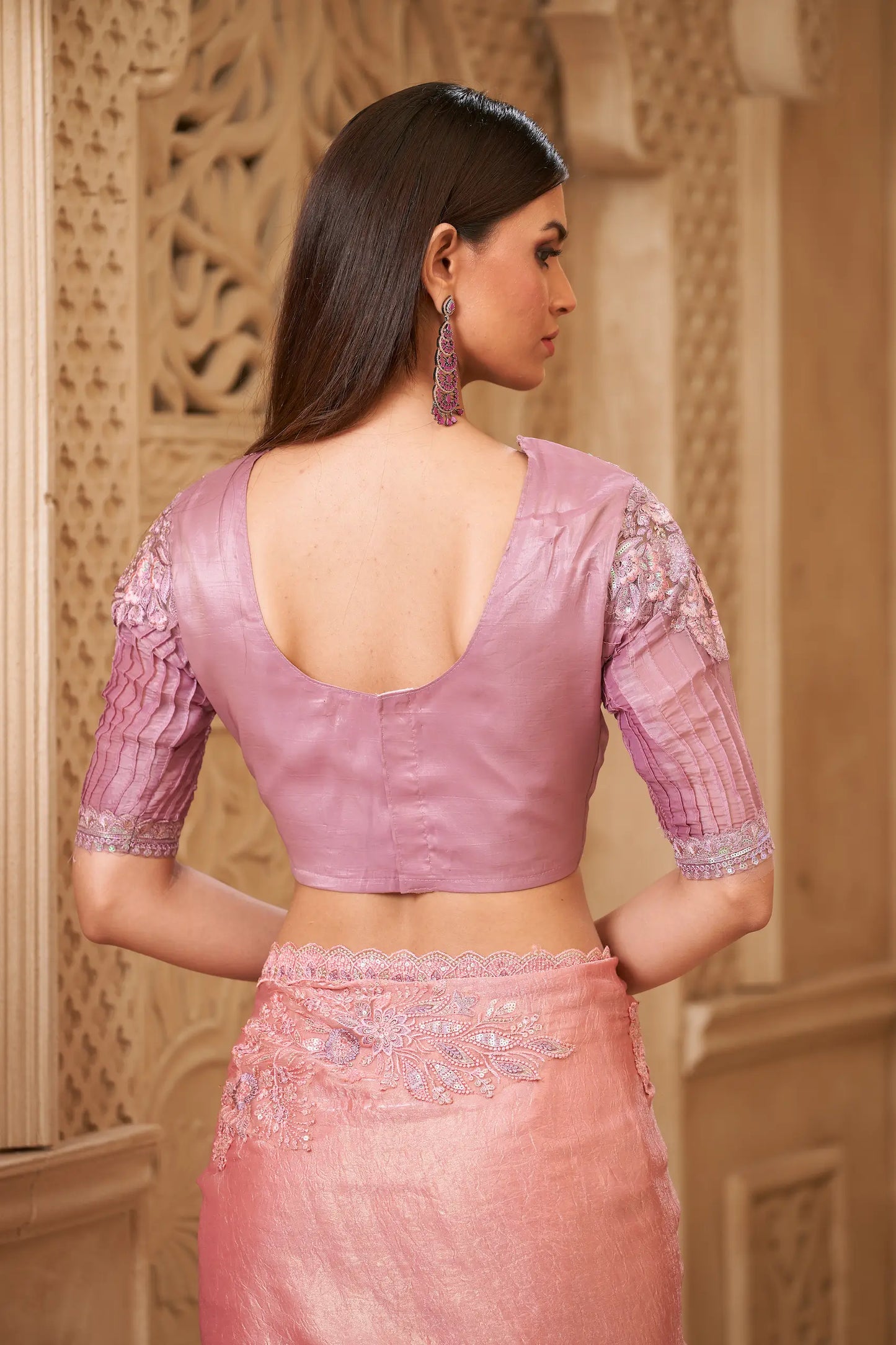 Salmon Pink Crush Georgette Embroidery Party Wear Saree