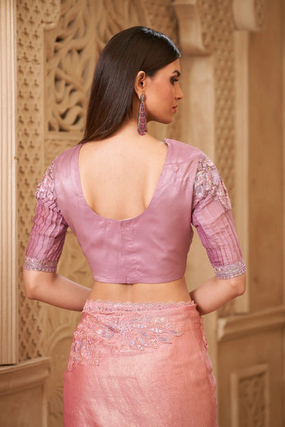 Salmon Pink Crush Georgette Embroidery Party Wear Saree