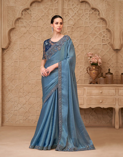 Metal Blue Crush Georgette Embroidery Party Wear Saree
