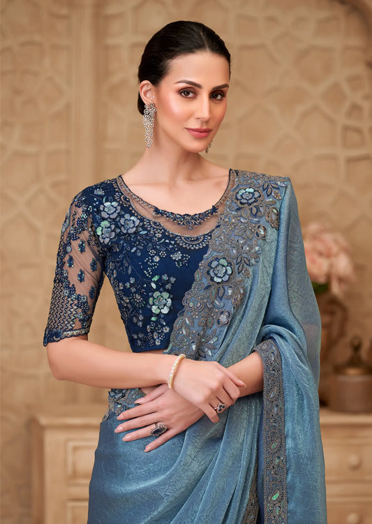 Metal Blue Crush Georgette Embroidery Party Wear Saree