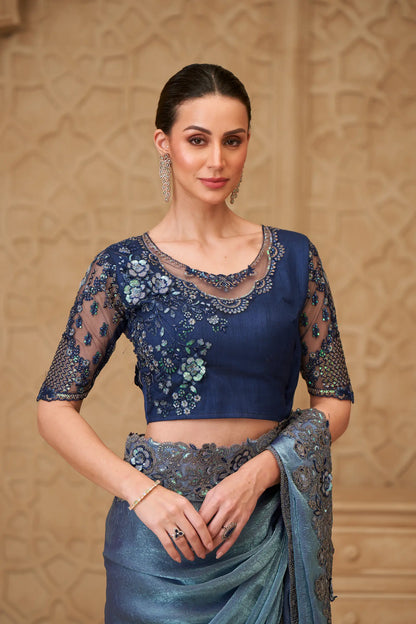 Metal Blue Crush Georgette Embroidery Party Wear Saree
