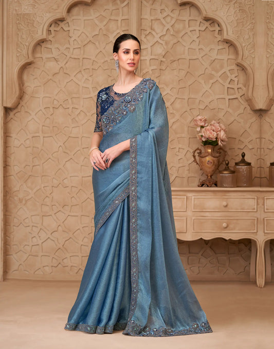 Metal Blue Crush Georgette Embroidery Party Wear Saree