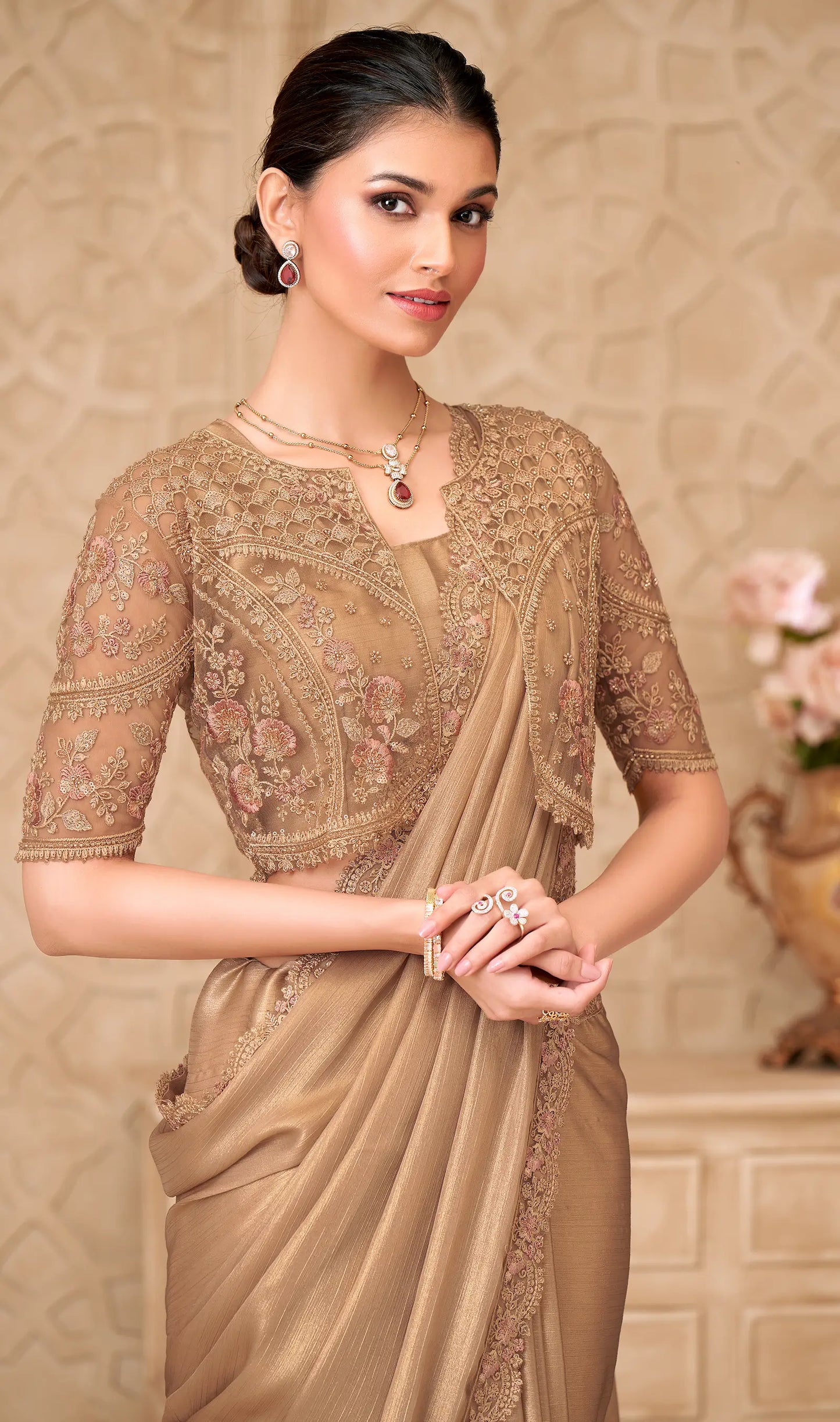 Golden Shimmer Georgette Embroidery Party Wear Jacket Saree