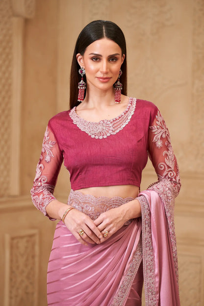 Onion Pink Pattern Georgette Embroidery Party Wear Saree