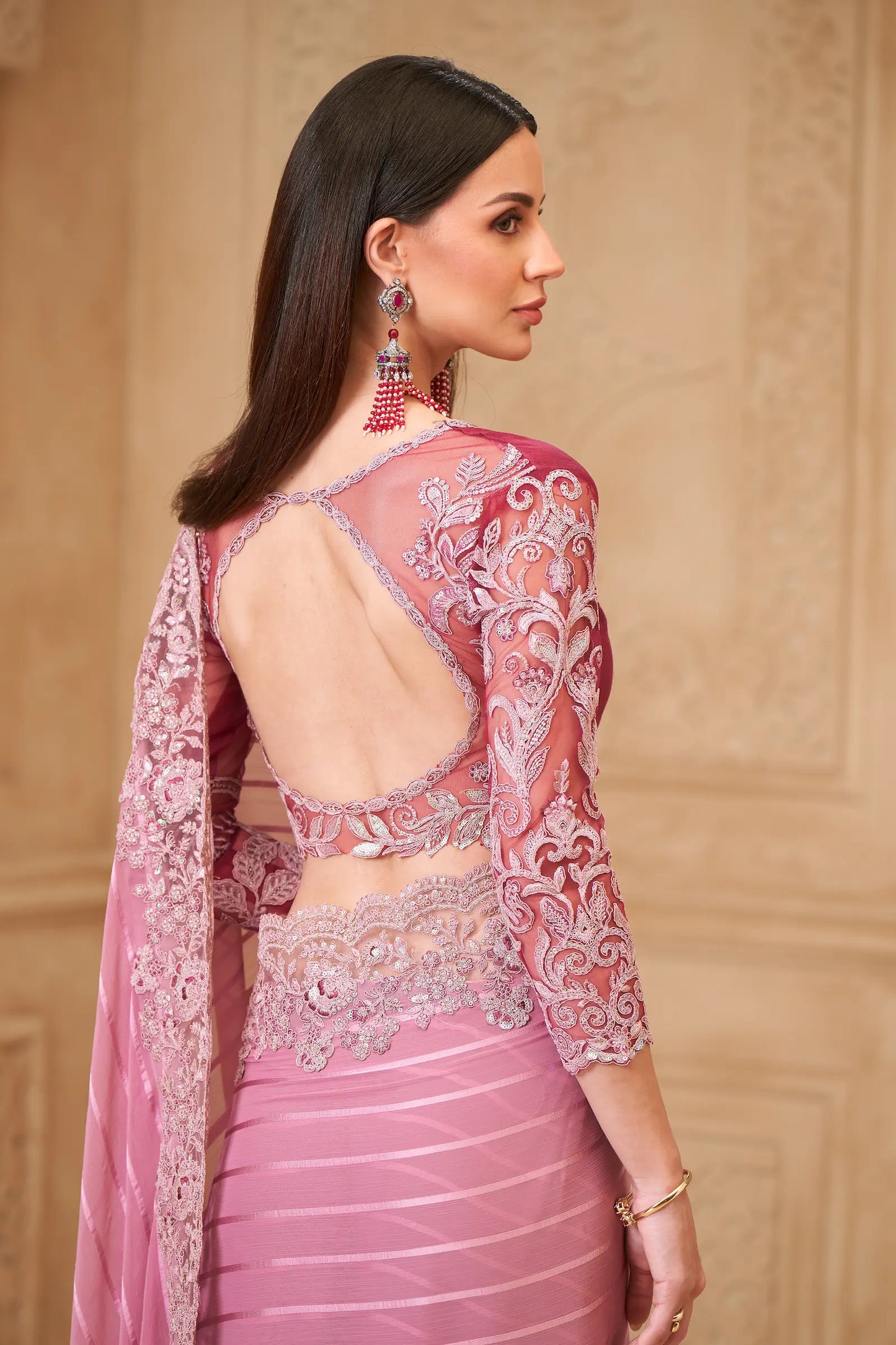 Onion Pink Pattern Georgette Embroidery Party Wear Saree