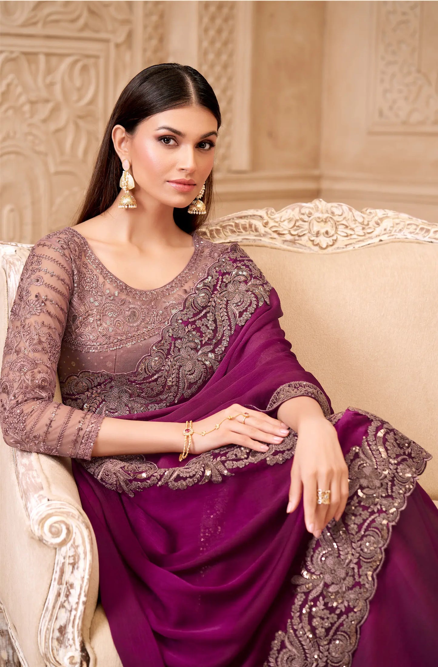 Wine Red Satin Georgette Embroidery Party Wear Saree