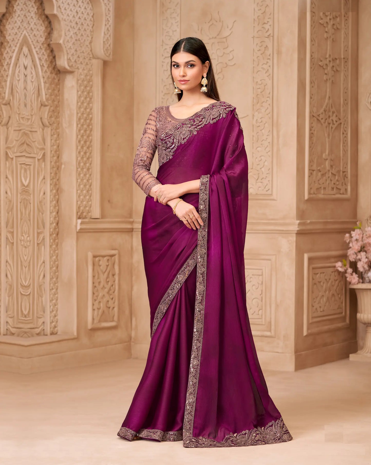 Wine Red Satin Georgette Embroidery Party Wear Saree
