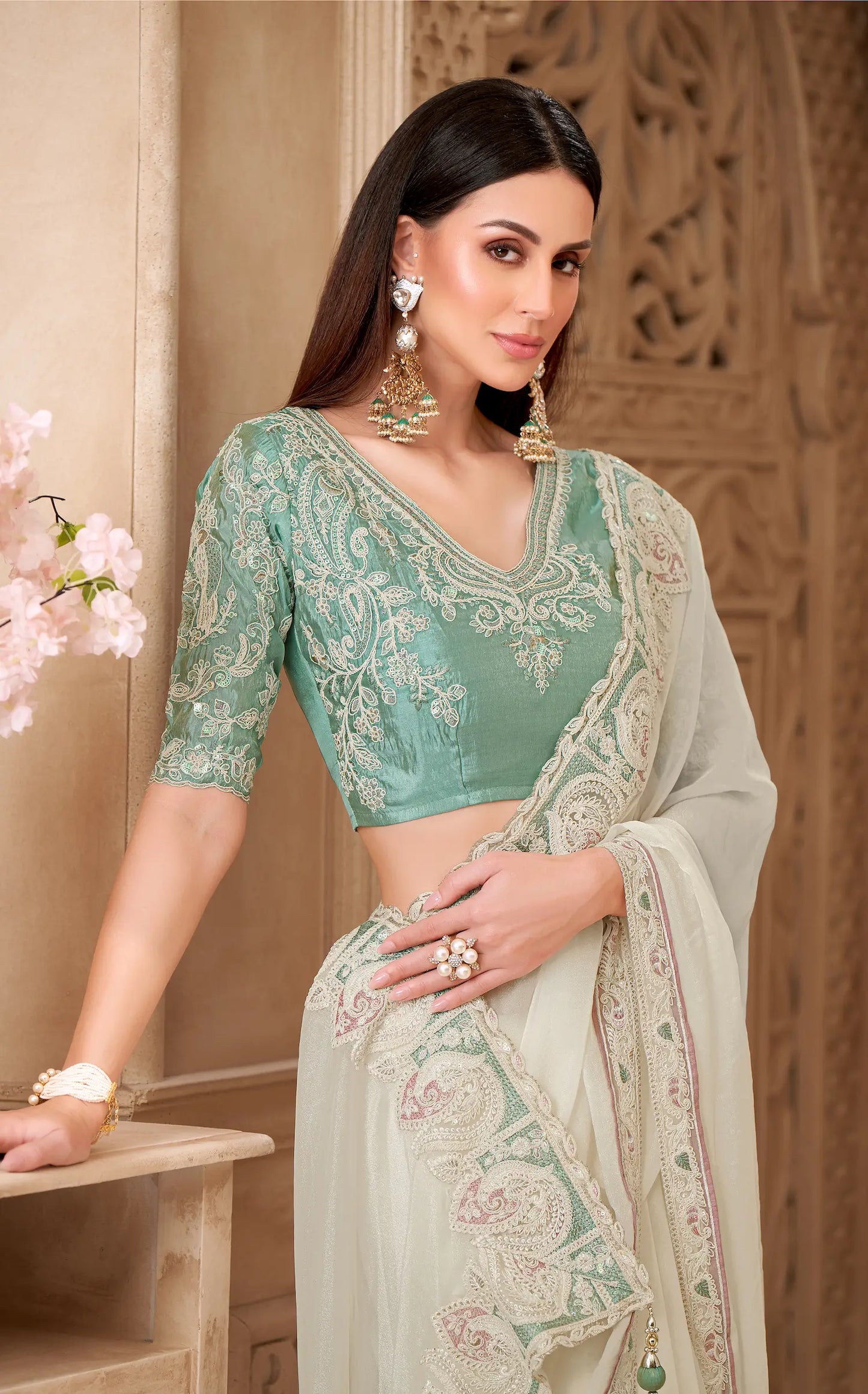 Powder White Georgette Silk Embroidery Party Wear Saree