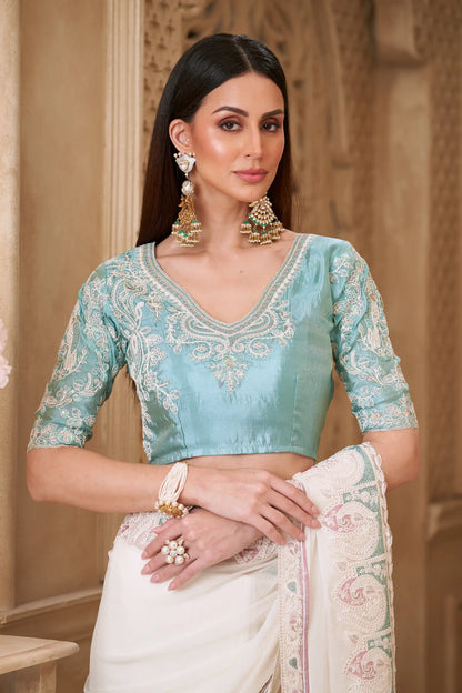 Powder White Georgette Silk Embroidery Party Wear Saree