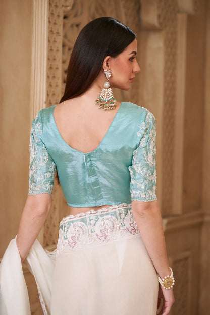 Powder White Georgette Silk Embroidery Party Wear Saree