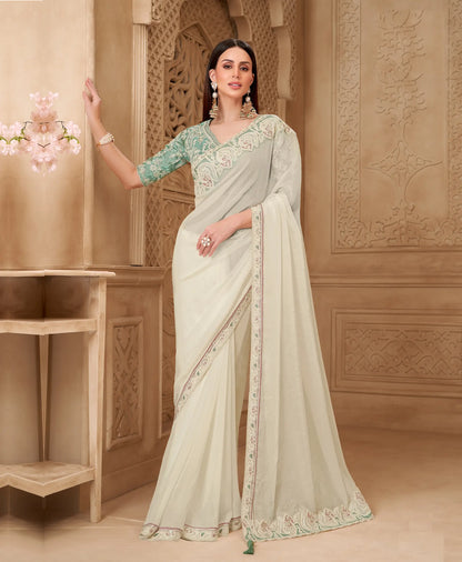Powder White Georgette Silk Embroidery Party Wear Saree
