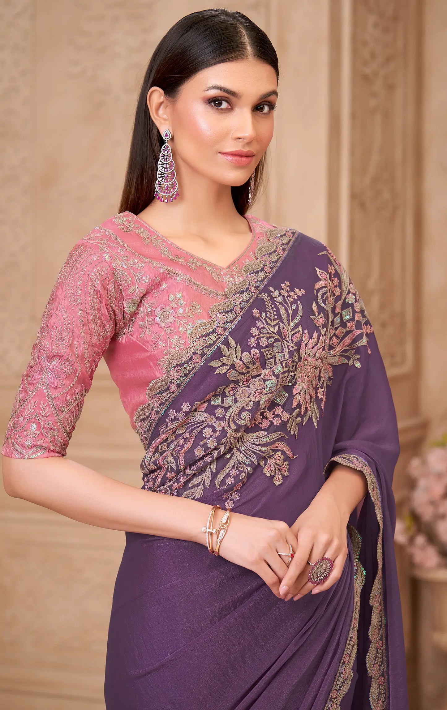 Dusty Purple Sparkle Georgette Embroidery Party Wear Saree