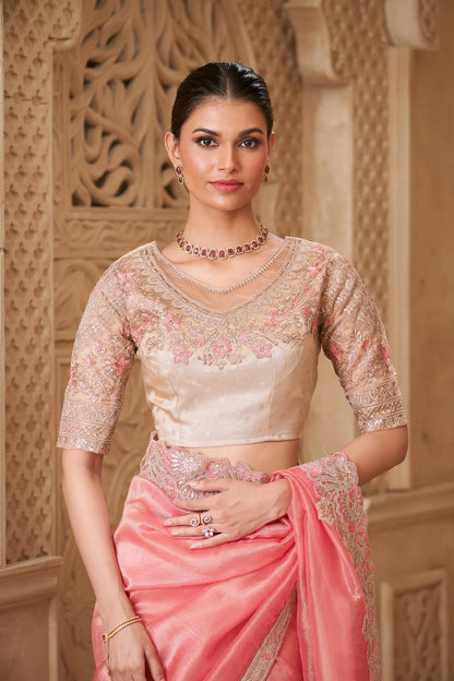 Sea Pink Tissue Georgette Embroidery Party Wear Saree