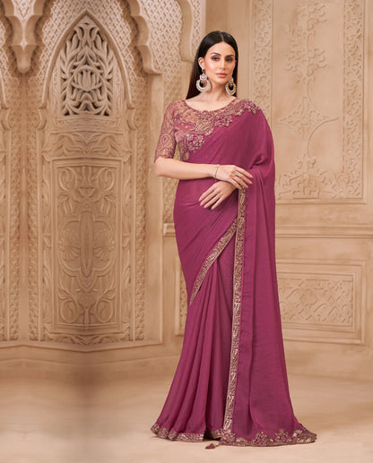 Brick Red Georgette Embroidery Party Wear Saree