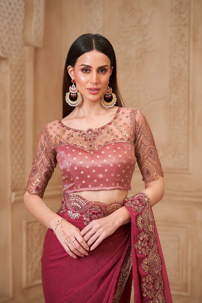 Brick Red Georgette Embroidery Party Wear Saree