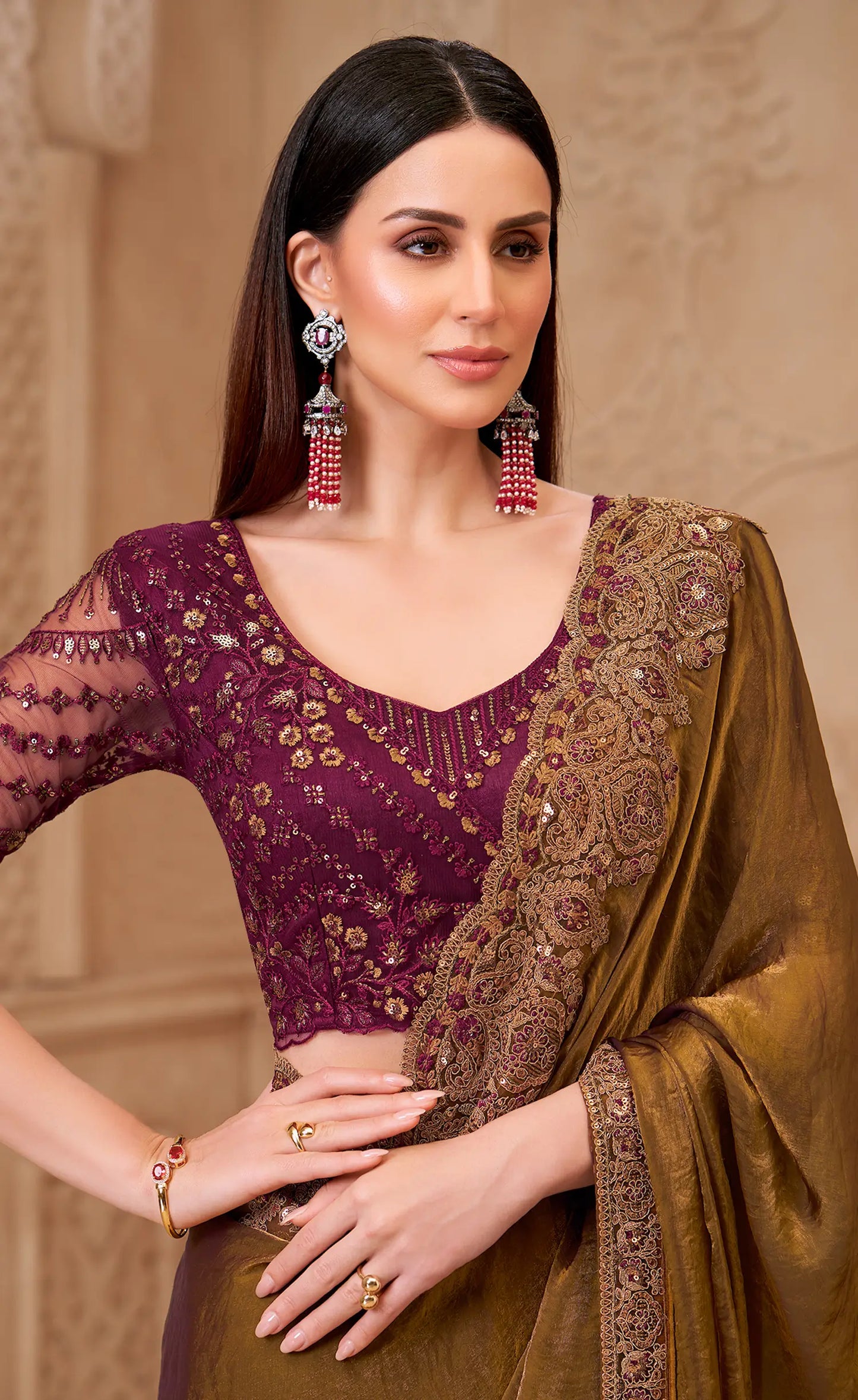 Golden brown Satin Georgette Embroidery Party Wear Saree