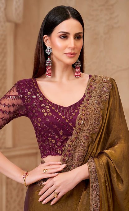 Golden brown Satin Georgette Embroidery Party Wear Saree