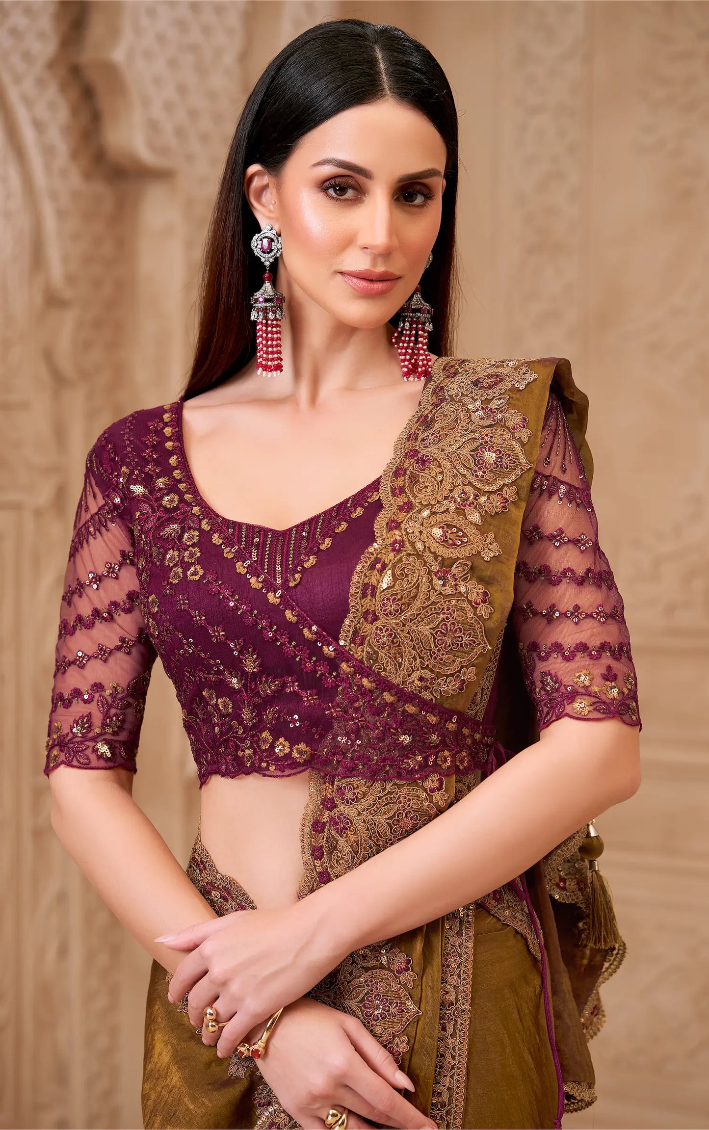 Golden brown Satin Georgette Embroidery Party Wear Saree