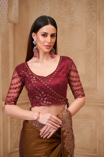 Golden brown Satin Georgette Embroidery Party Wear Saree