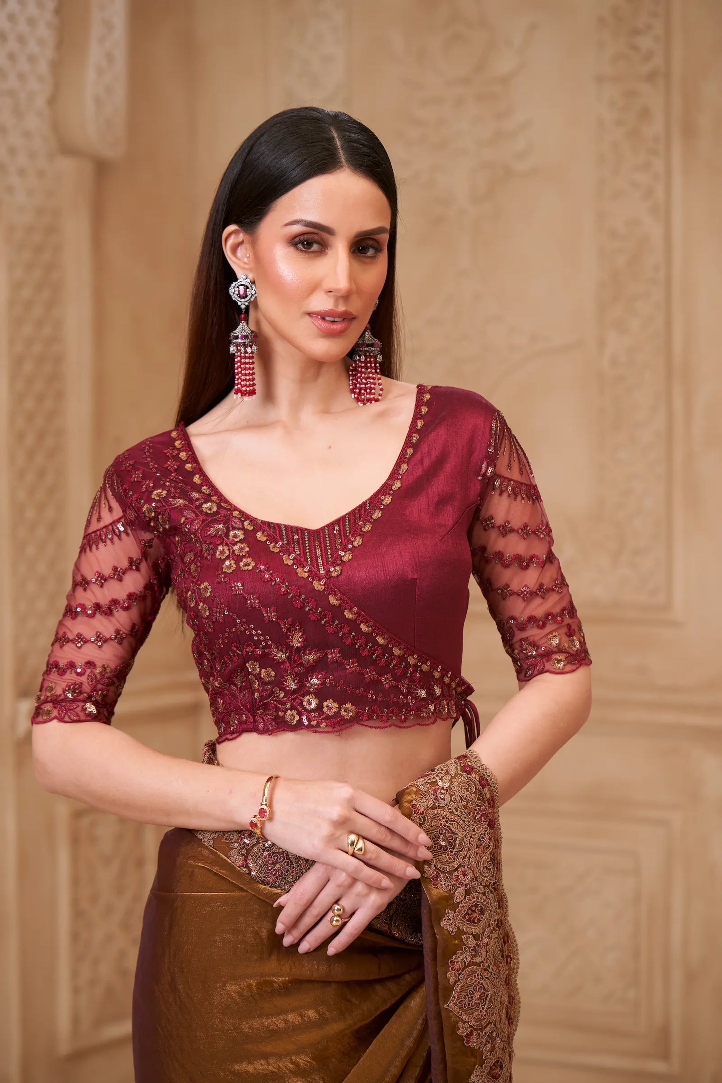 Golden brown Satin Georgette Embroidery Party Wear Saree