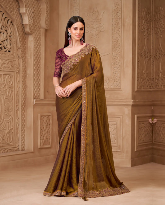 Golden brown Satin Georgette Embroidery Party Wear Saree