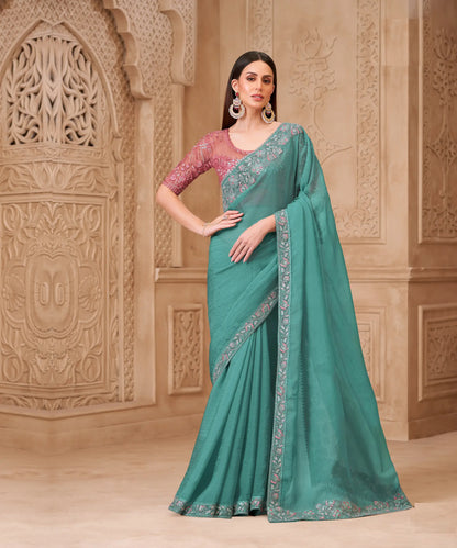 Dusty Teal Crush Georgette Embroidery Party Wear Saree