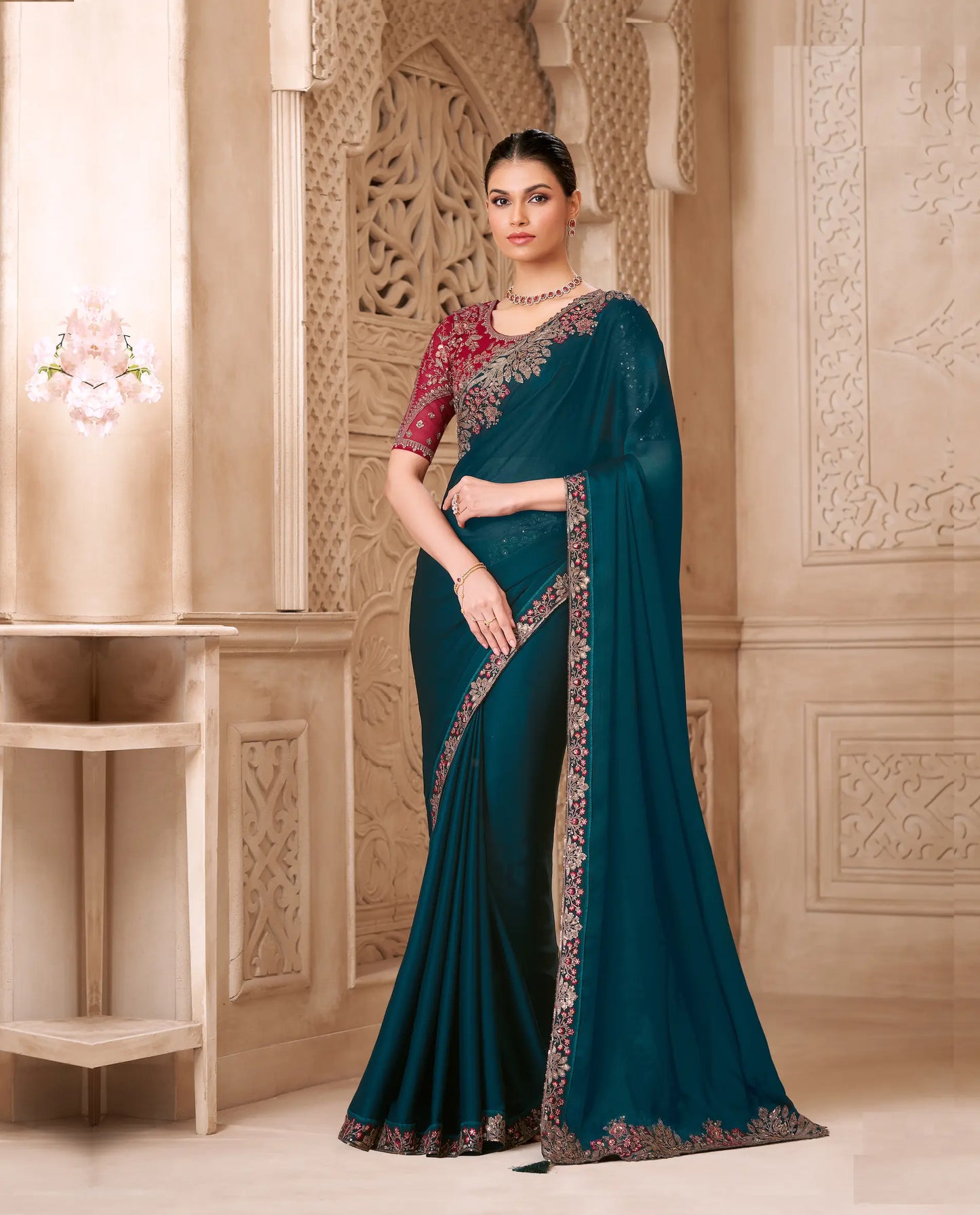 Peacock Blue Satin Georgette Embroidery Party Wear Saree