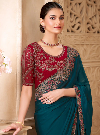 Peacock Blue Satin Georgette Embroidery Party Wear Saree