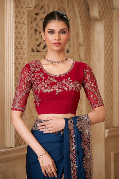 Peacock Blue Satin Georgette Embroidery Party Wear Saree