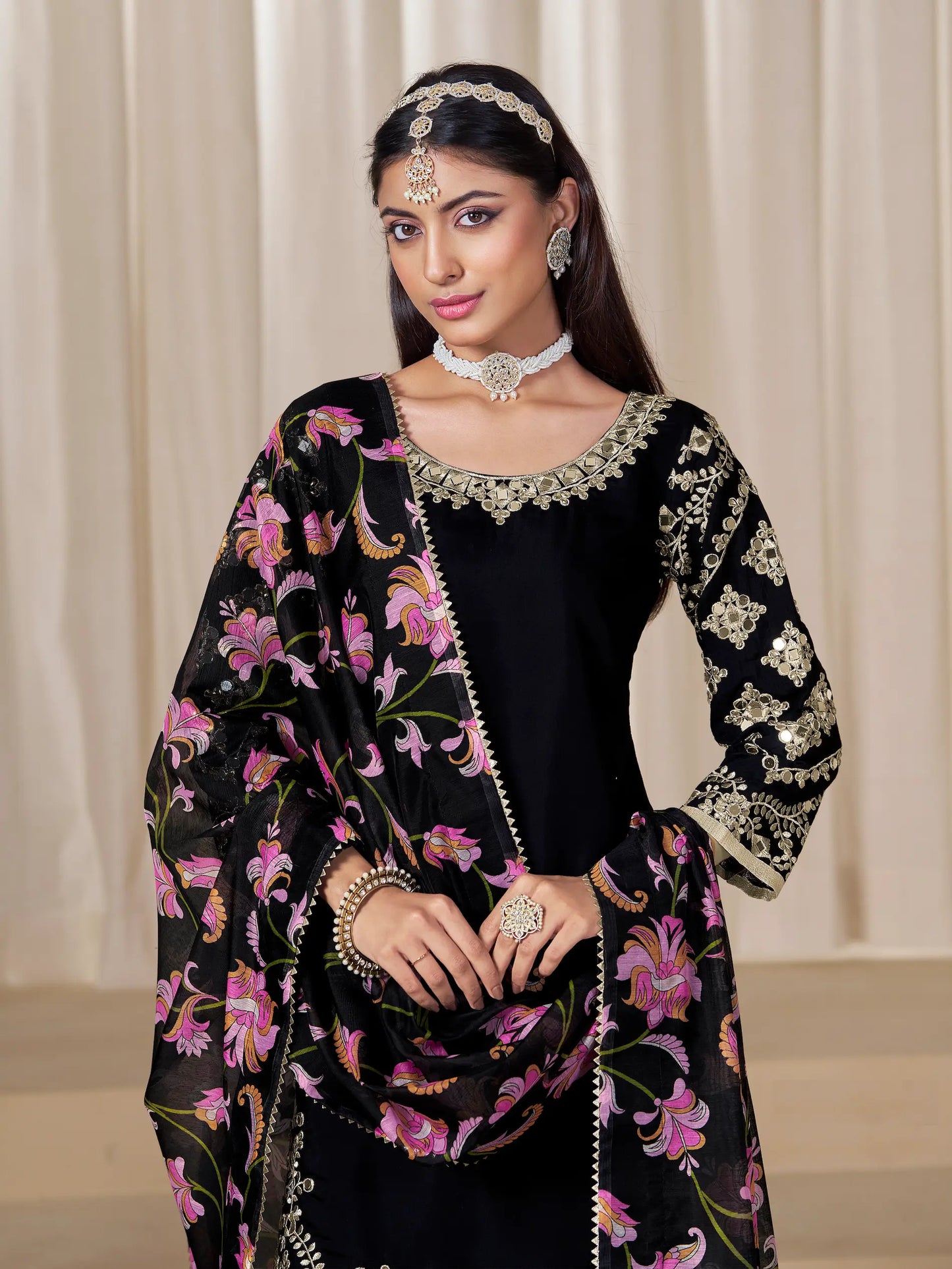 Black Roman Silk Embroidery Work Salwar Suit