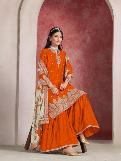 Orange Chinon Embroidery Salwar suit With Organza Dupatta