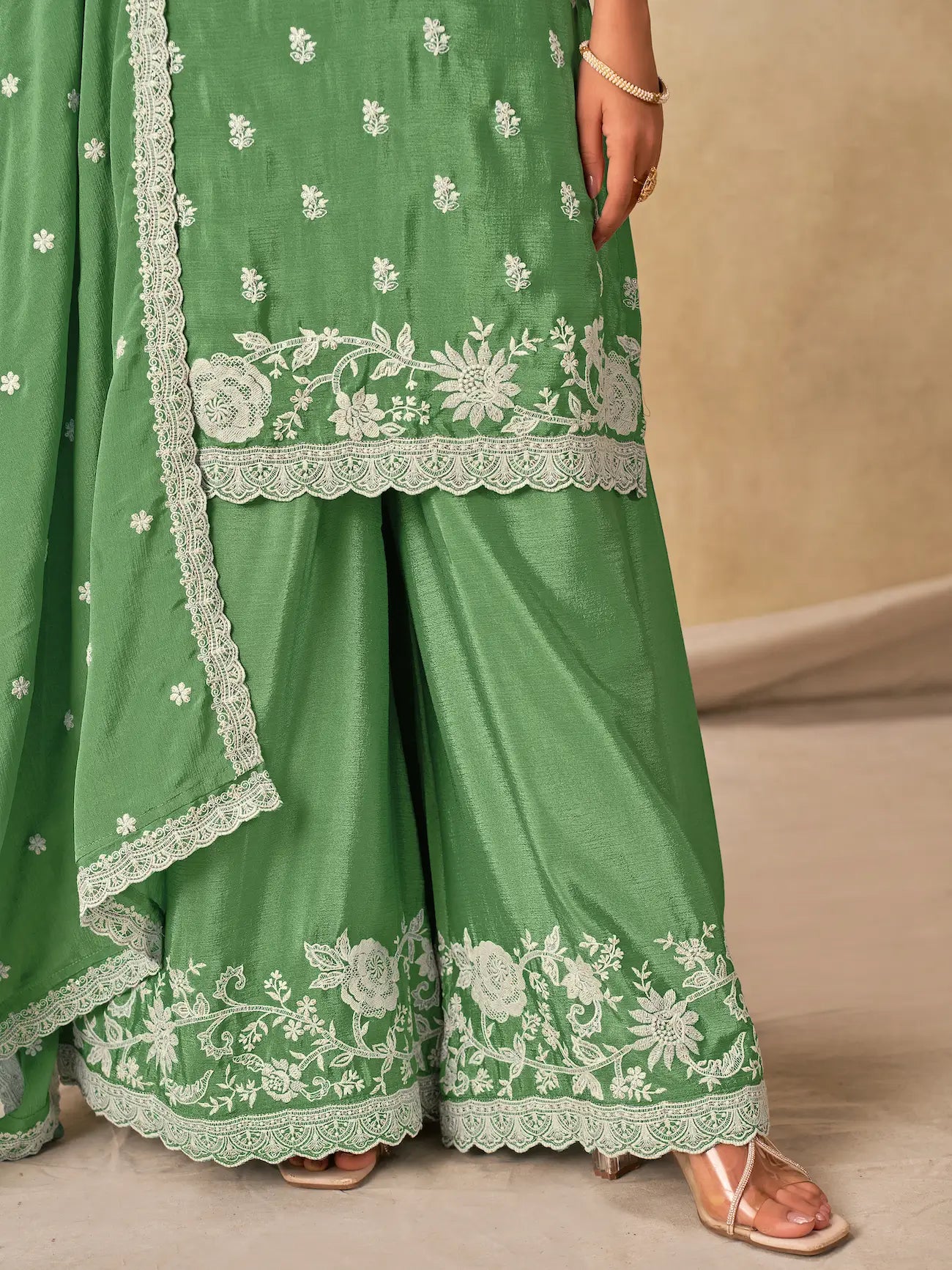 Pista Green Chinon Embroidery Work Palazzo Suit