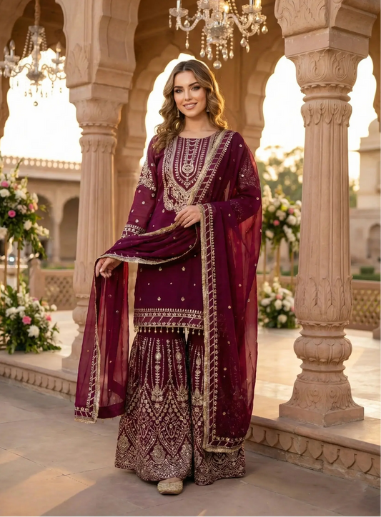 Wine georgette Embroidery Salwar Suit