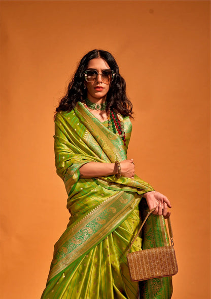 Parrot Green Satin Zari Handloom Weaving Silk Saree