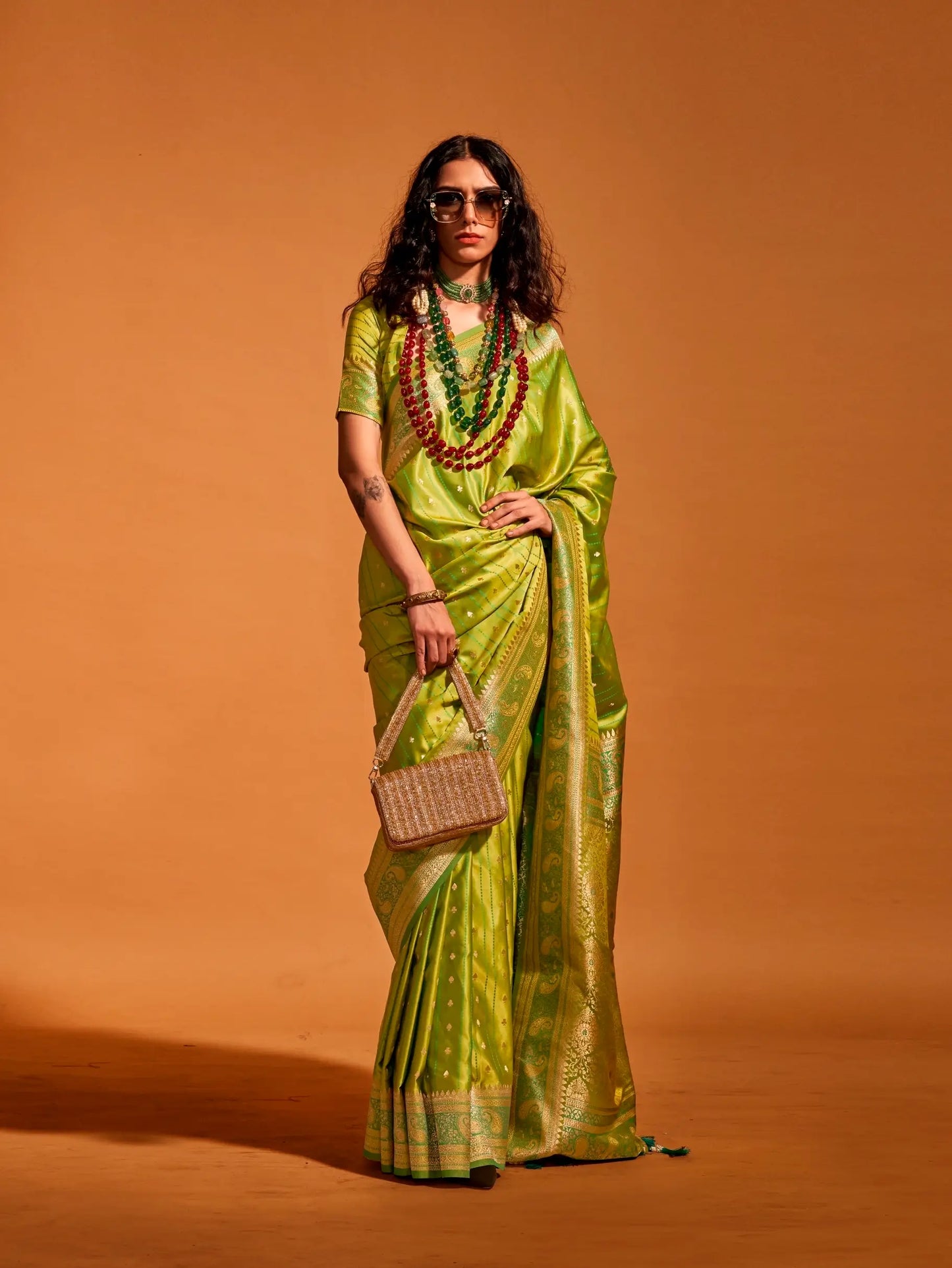 Parrot Green Satin Zari Handloom Weaving Silk Saree