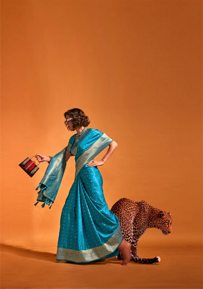 Teal Blue Satin Zari Handloom Weaving Silk Saree